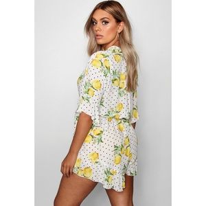 Plus Lemon Polka Dot Wrap Ruffle Romper